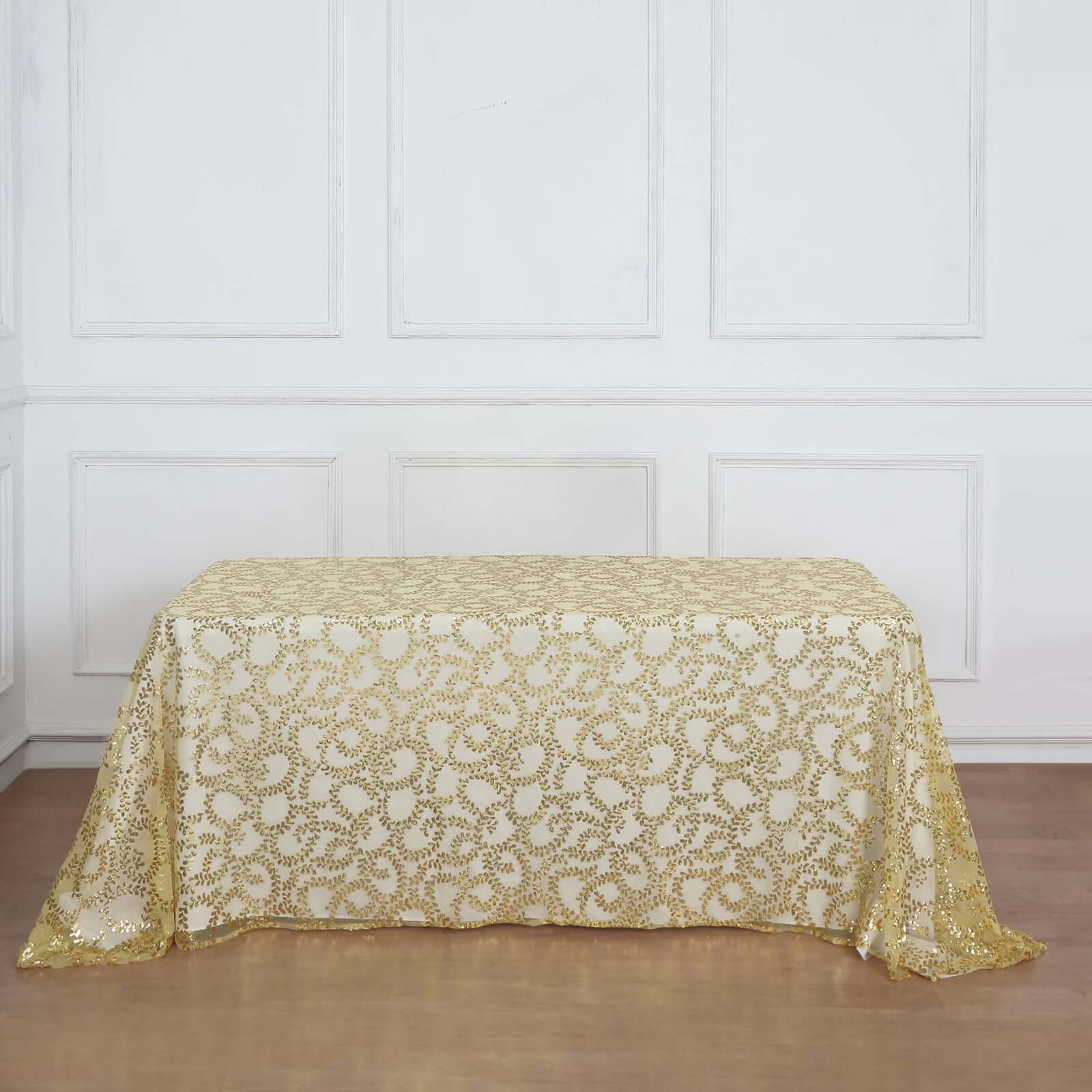 Tulle 90x156 Rectangle Tablecloth Gold - Sequin Leaf Embroidered Design for Luxe Celebrations