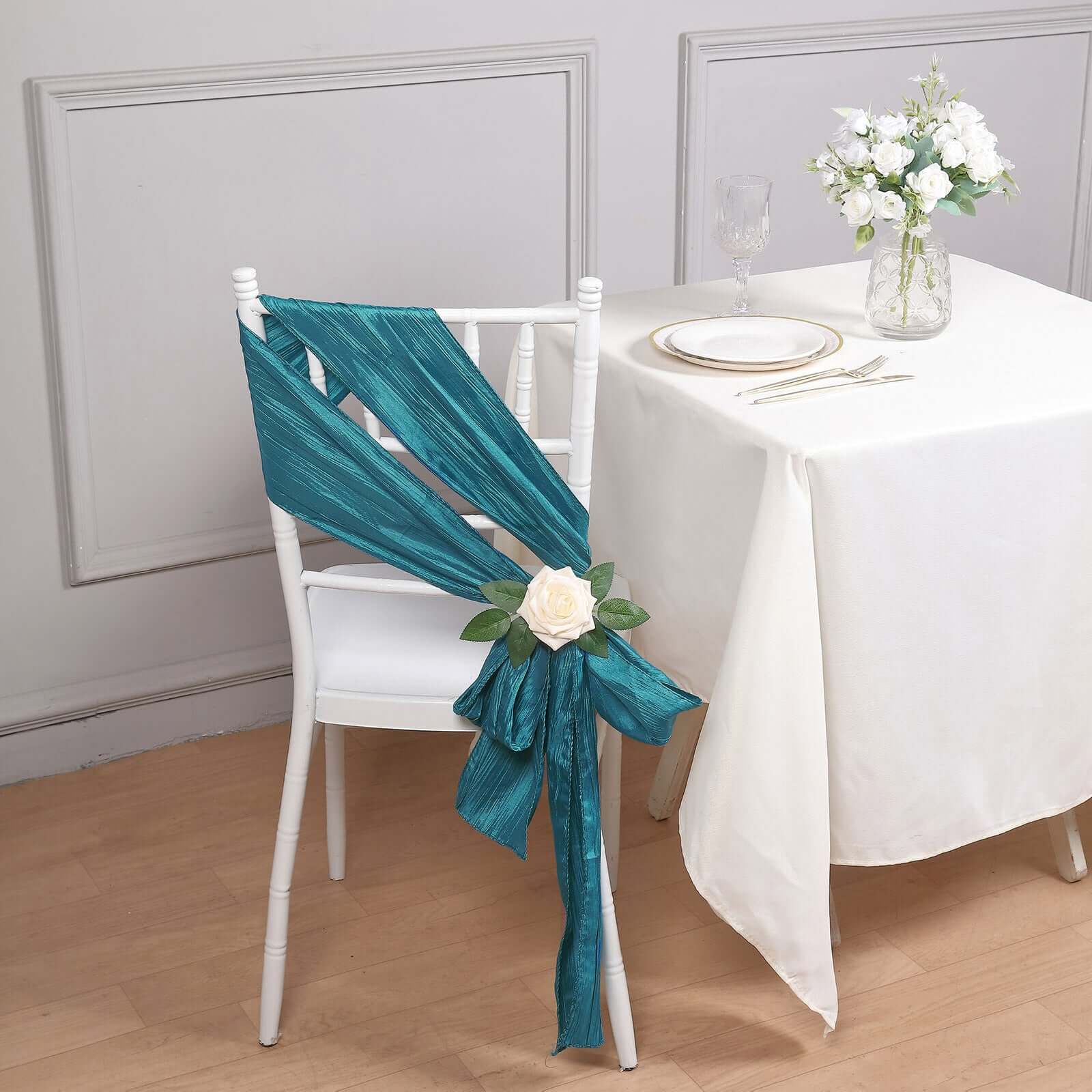 5 Pack Taffeta 6x106 Chair Sashes Teal Accordion Crinkle Texture - Stylish Decor for Weddings & Gatherings