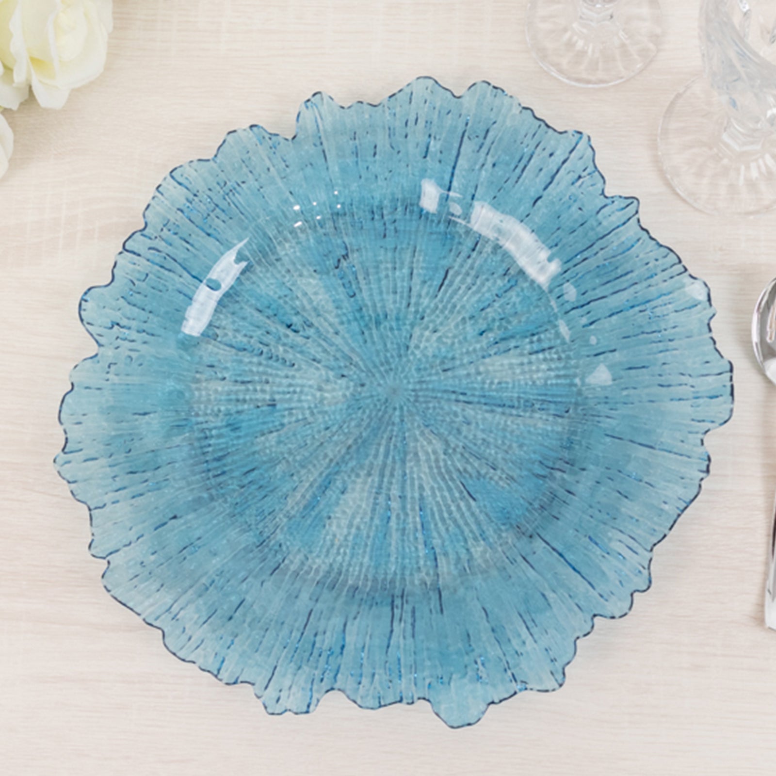 6-Pack Acrylic Plastic Round Charger Plates 13 in Transparent Dusty Blue with Reef Design, Dinner Charger Tableware