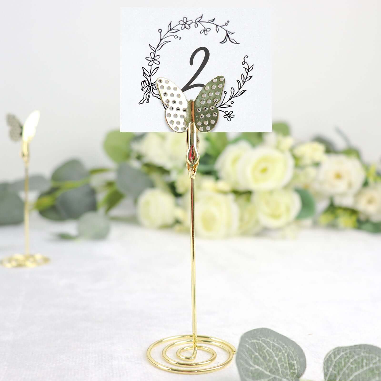 5-Pack Metal Place Card Holders Gold - Modern Table Number Stands with Whimsical Butterfly Clips & Spiral Base for Signs Memos Photos Menus 5