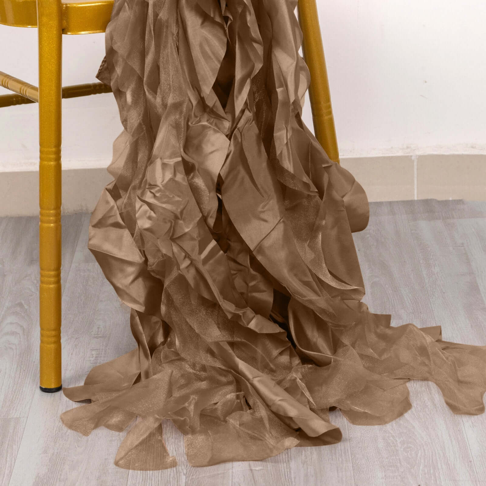 5 Pack Chiffon Satin Chair Sashes Taupe - Easy to Install Ruffled Curly Willow