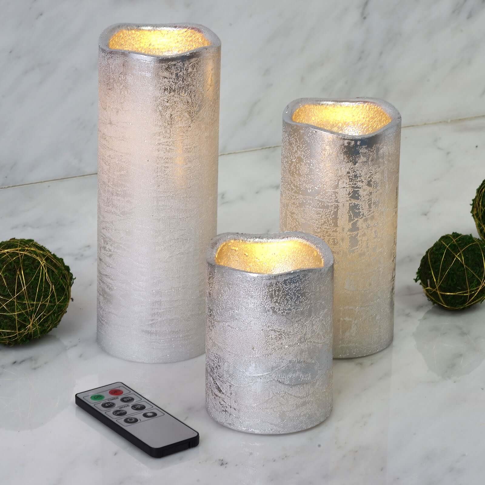 Set of 3 LED Flameless Pillar Candles Remote Operated Metallic Silver - Battery Powered 4, 6, 8