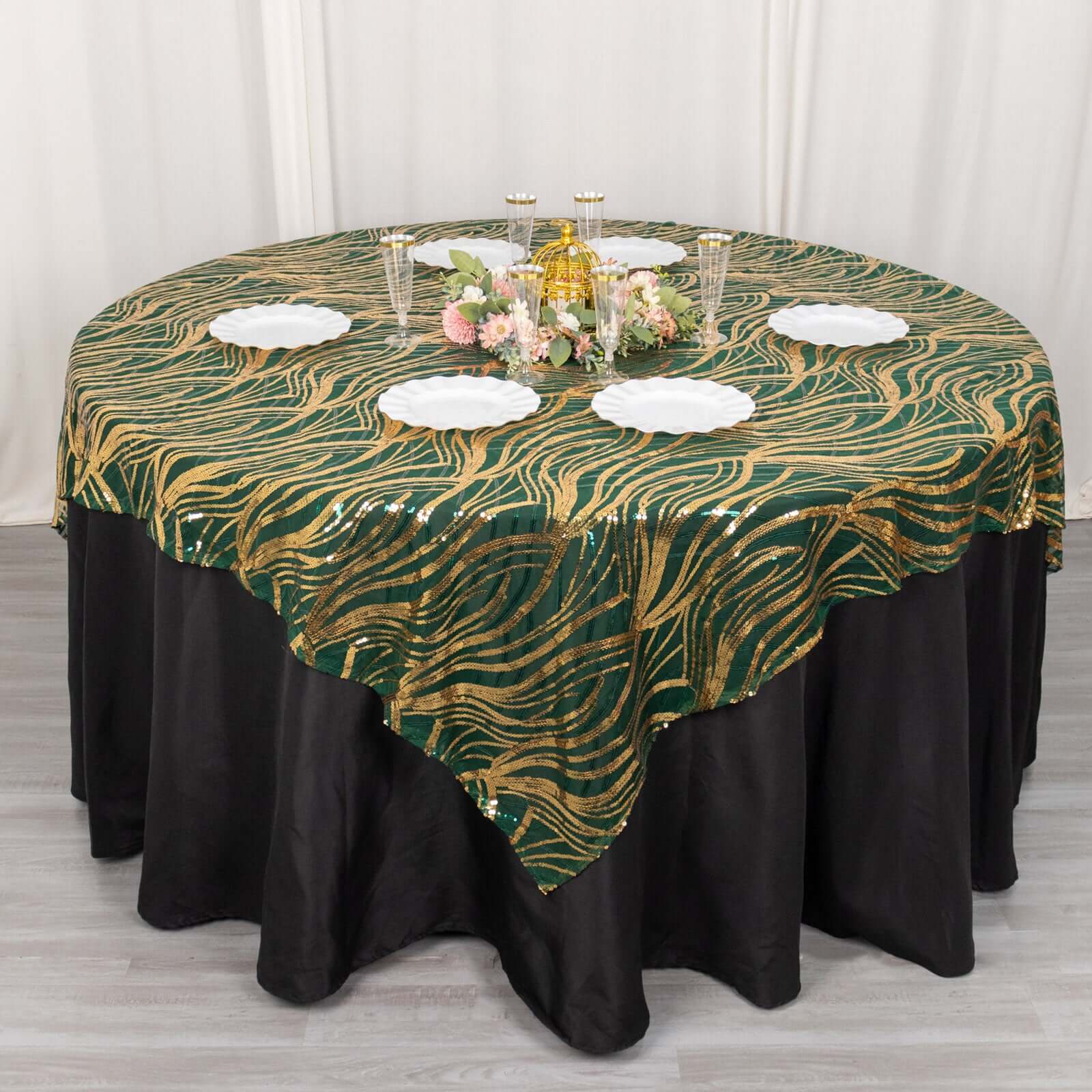 Mesh 72x72 Table Overlay Square Tablecloth Hunter Emerald Green - Wave Embroidered Sequins Table Topper