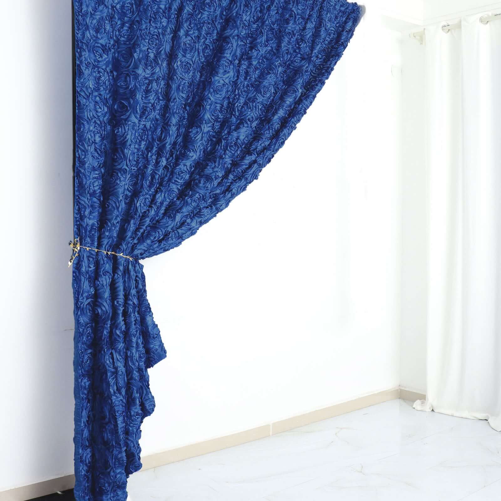 8ftx8ft Royal Blue Satin Rosette Event Curtain Drapes, Backdrop Event Panel