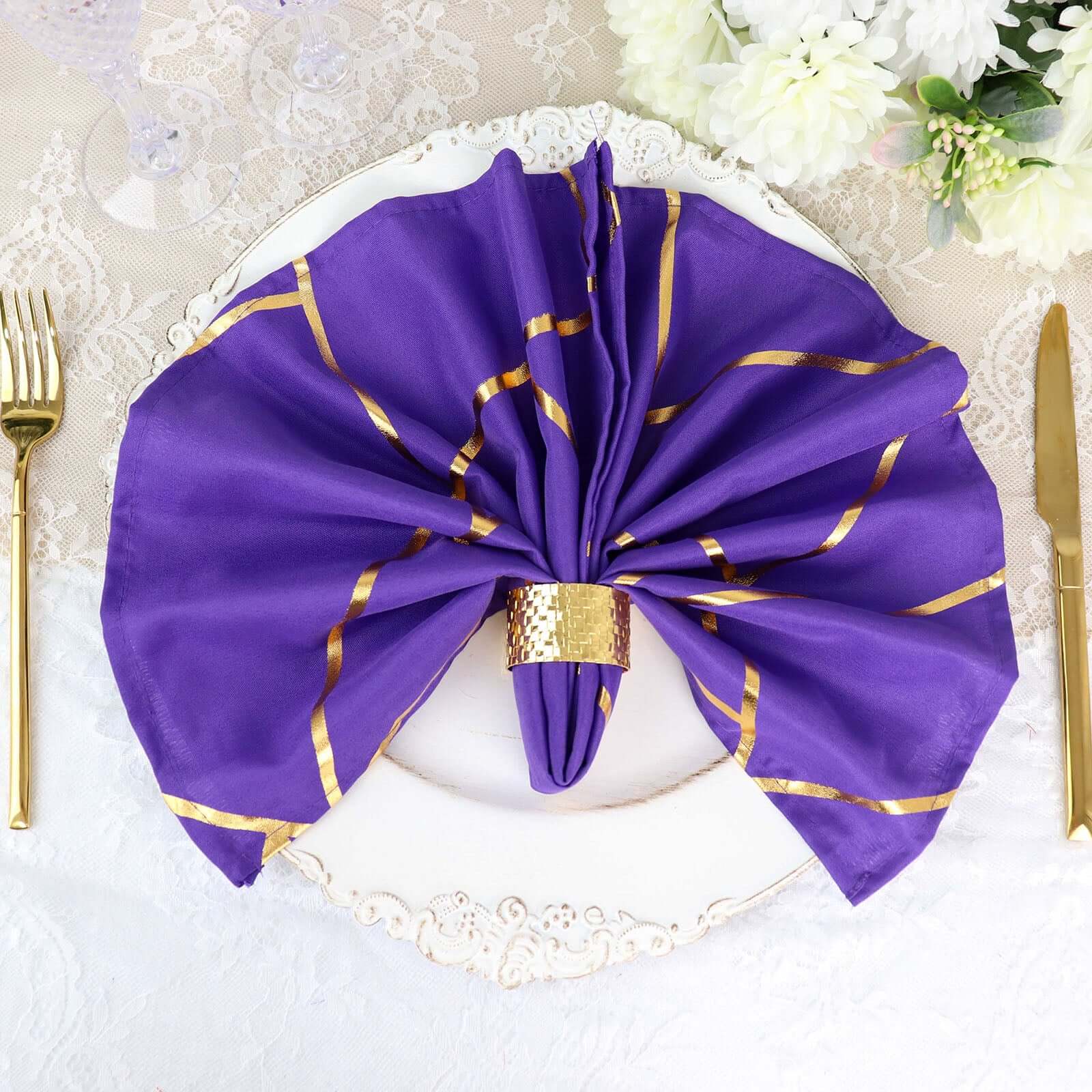 5 Pack Polyester 20x20 Napkins Purple with Gold Geometric Foil Pattern - Modern Reusable Dinner Napkins