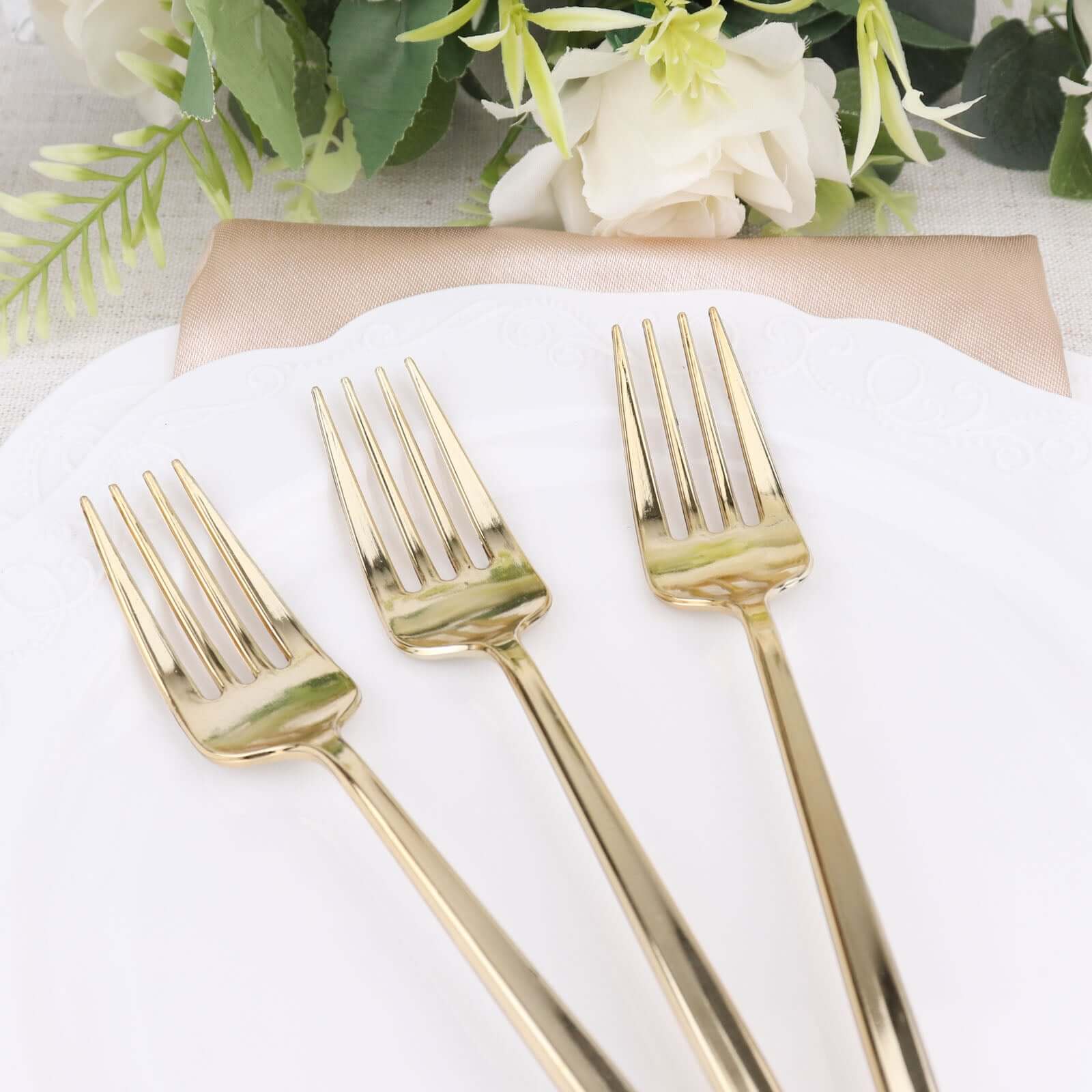 24 Pack 8 Glossy Gold Heavy Duty Plastic Silverware Forks Cutlery, Premium Disposable Sleek Flatware