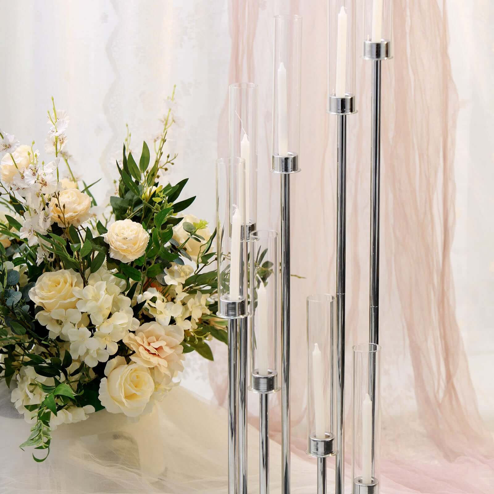 8 Arm Cluster Taper Candle Holder Silver - Stunning Large Candle Arragement With Clear Glass Shades for Grand Banquets & Celebrations 42