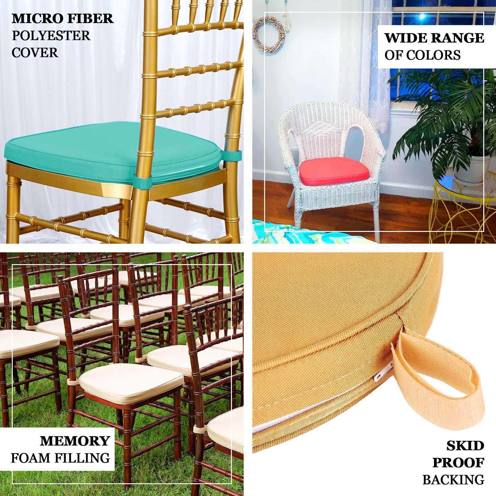 Chiavari Chair Cushion with 1.5 Thick Memory Foam and Ties Gold - Stylish Removable Cover for Comfort