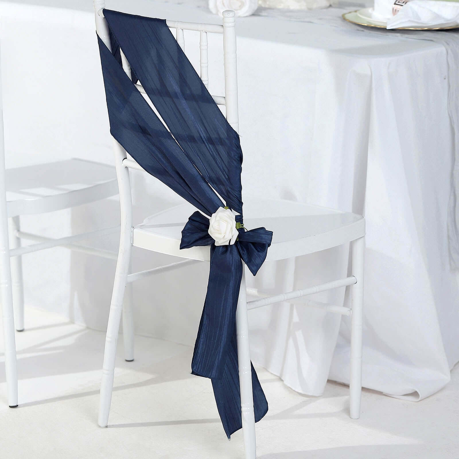 5 Pack Taffeta 6x106 Chair Sashes Navy Blue Accordion Crinkle Texture - Stylish Decor for Weddings & Gatherings