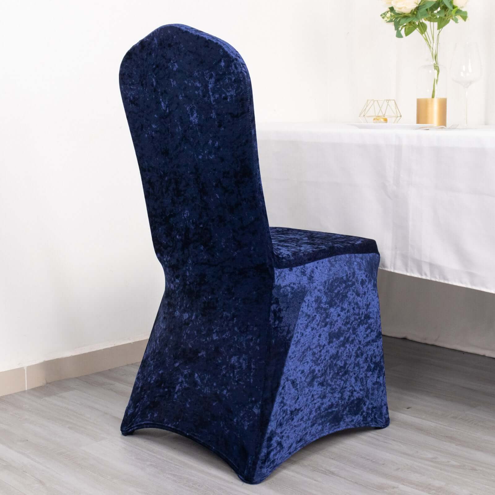 Crushed Velvet Spandex Banquet Chair Cover Fitted Slipcover Navy Blue - Stretch 190GSM Slipcover with Foot Pockets