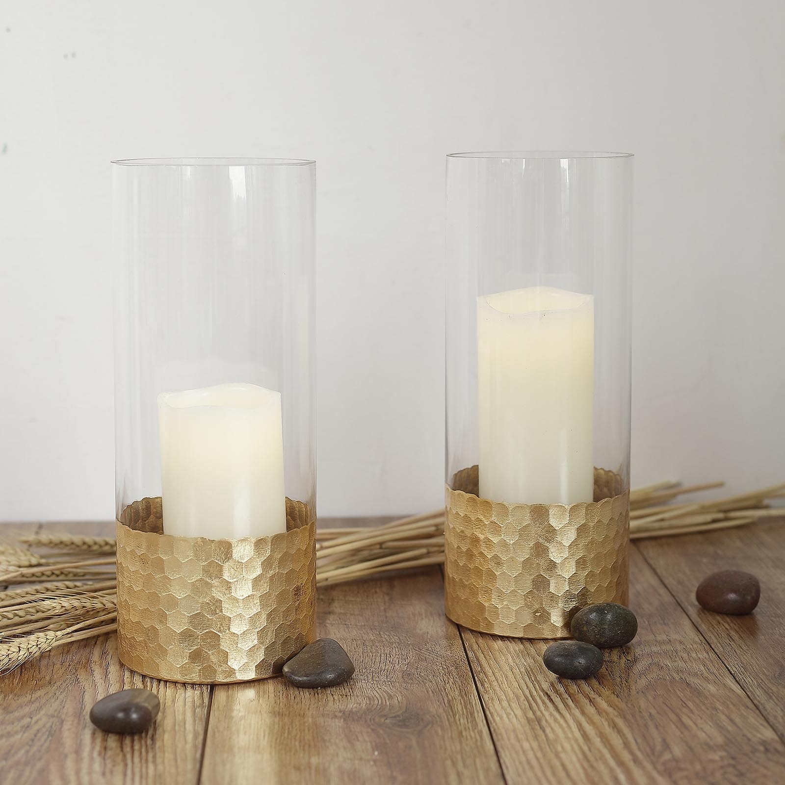 2-Pack Glass Cylinder Vases Honeycomb Design Clear with Gold Base - Decorative Candle Holder Centerpieces 12