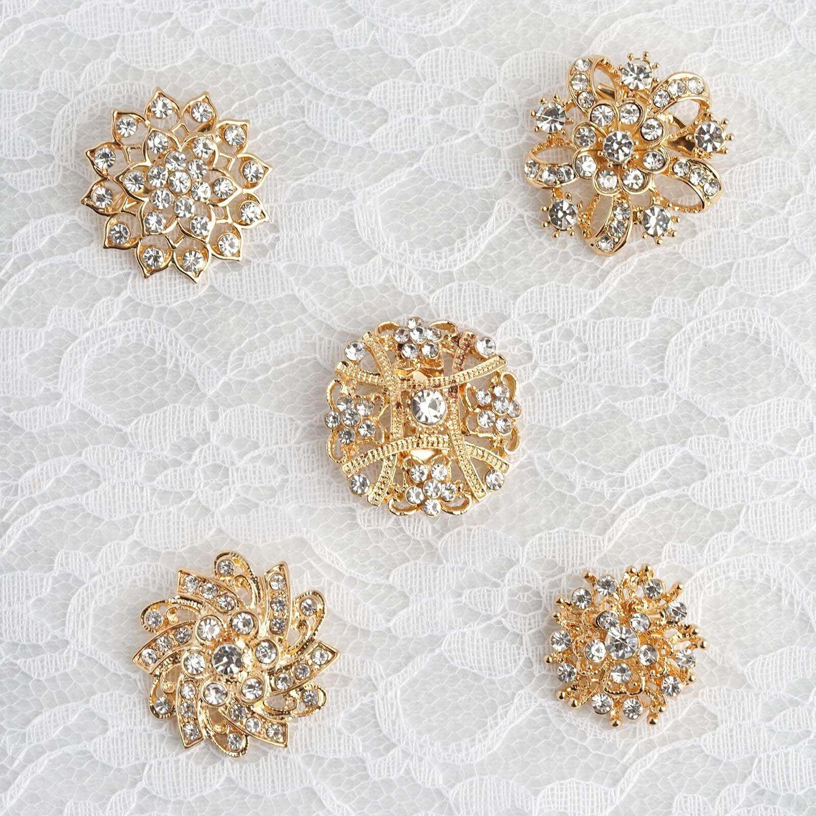 5 Pack Rhinestone Brooches Gold Plated with Mandala Crystal - Gleaming Floral Sash Pins for Wedding Bouquets & Events