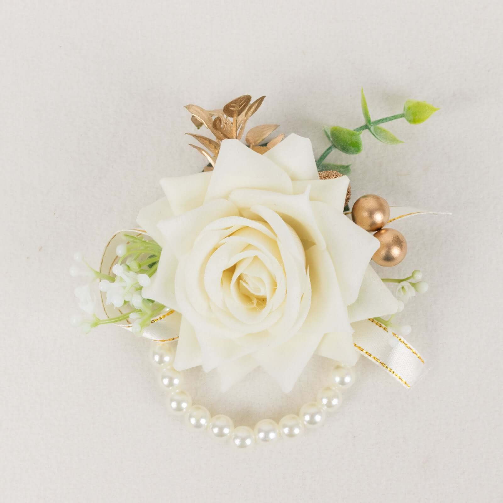 2 Pack White Artificial Rose Wrist Corsages With Pearls, 4 Flower Bracelet Wedding Accessories