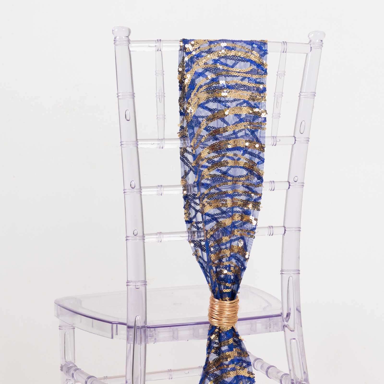 5 Pack Chair Sashes with Wave Embroidered Sequins Royal Blue/Gold 6x88