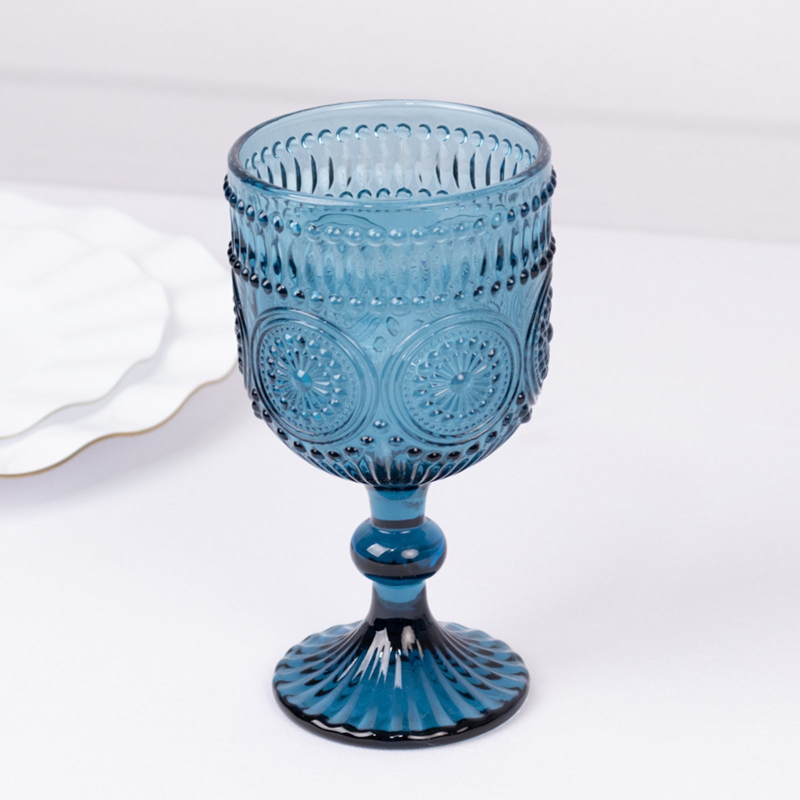 6-Pack Wine Glasses Ocean Blue Vintage Embossed Design with Textured Floral Pattern - Short Stemmed Glasses for Drinks & Cocktails 12oz