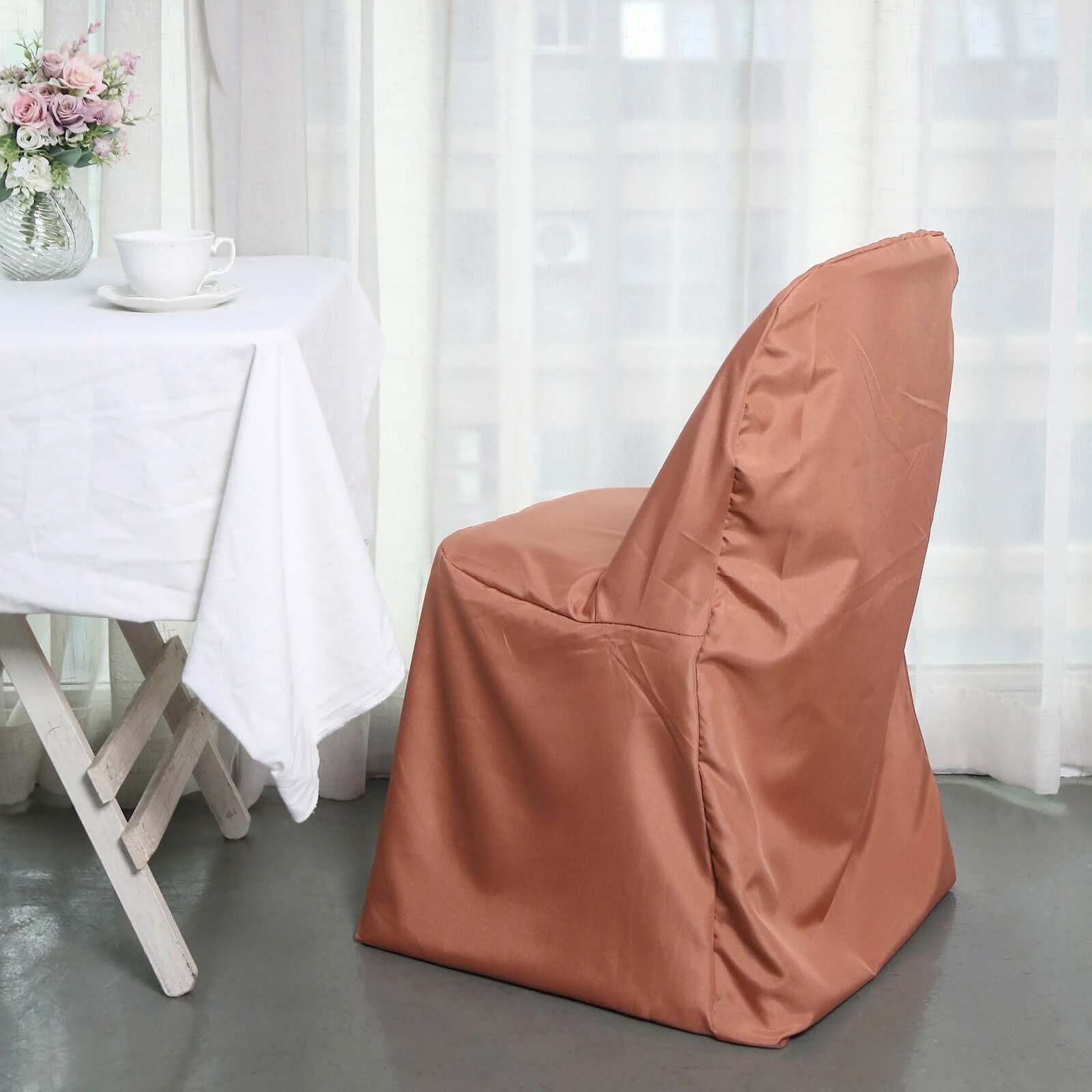 10 Pack Polyester Chair Covers for Folding Chairs Terracotta (Rust) - Wrinkle-Free Stain-Resistant Slip-On Slipcovers