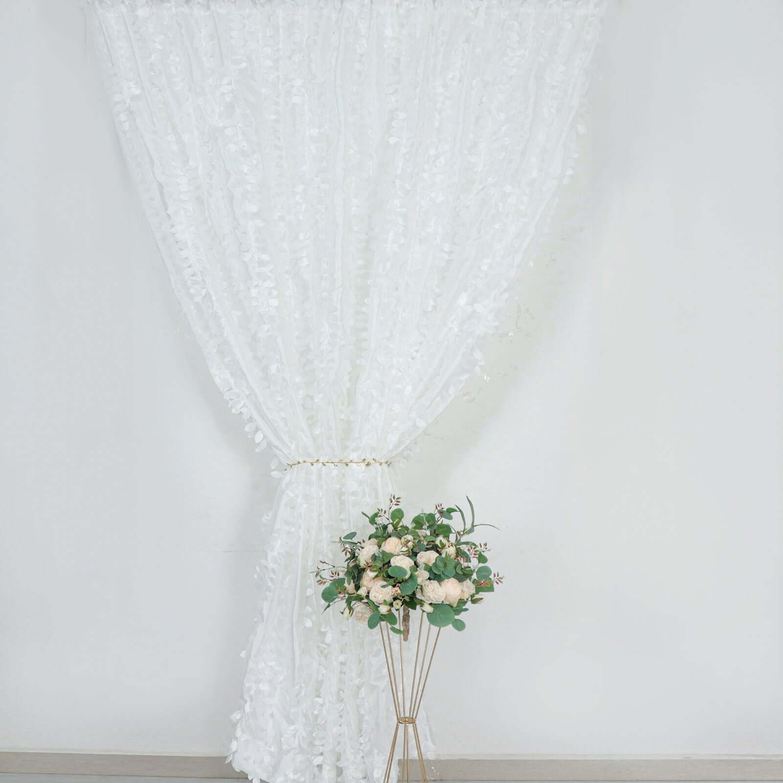 8ftx8ft White 3D Leaf Petal Taffeta Event Curtain Drapes, Backdrop Event Panel With Rod Pocket