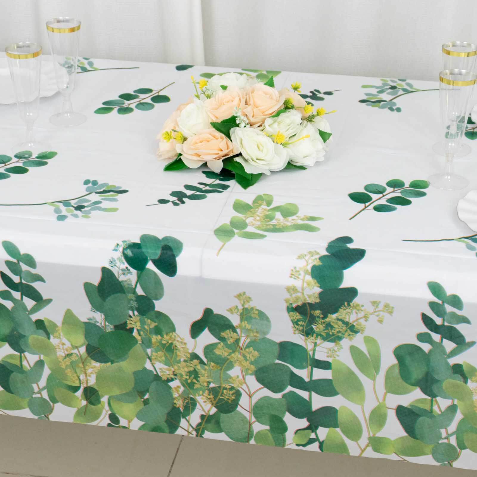 5-Pack Plastic Table Covers White/Green Rectangle with Eucalyptus Leaves Print - Decorative PVC Disposable Tablecloths 54x108