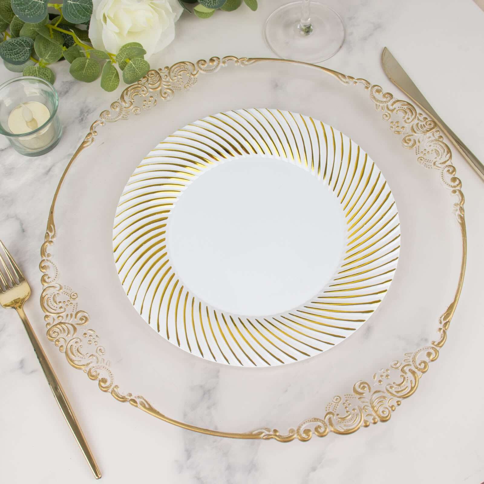 10-Pack Plastic 9 Round Dinner Plates White with Gold Swirl Rim - Disposable Party Plates