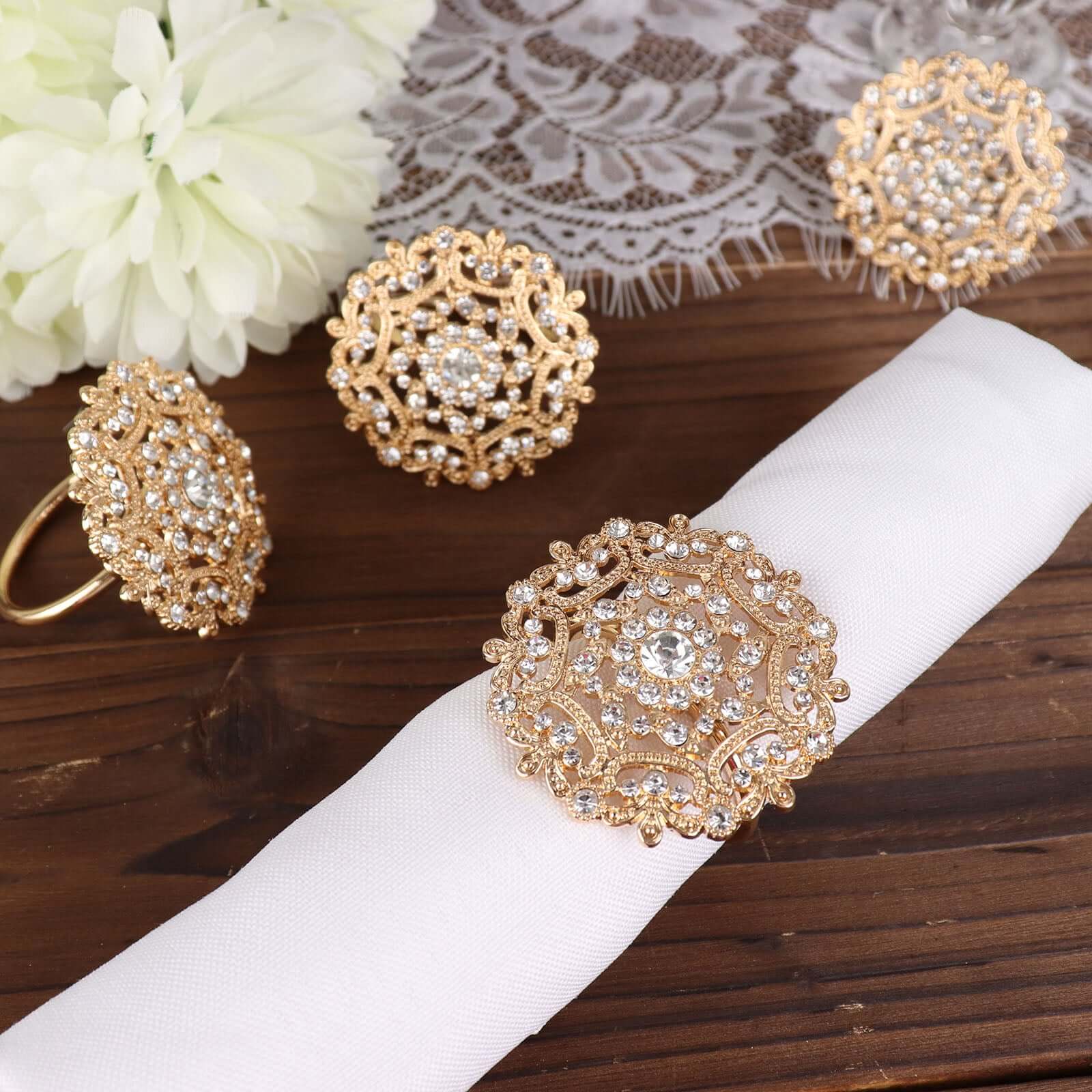 4 Pack Diamond Rhinestone Gold Metal Flower Napkin Rings, Decorative Napkin Buckle Holders