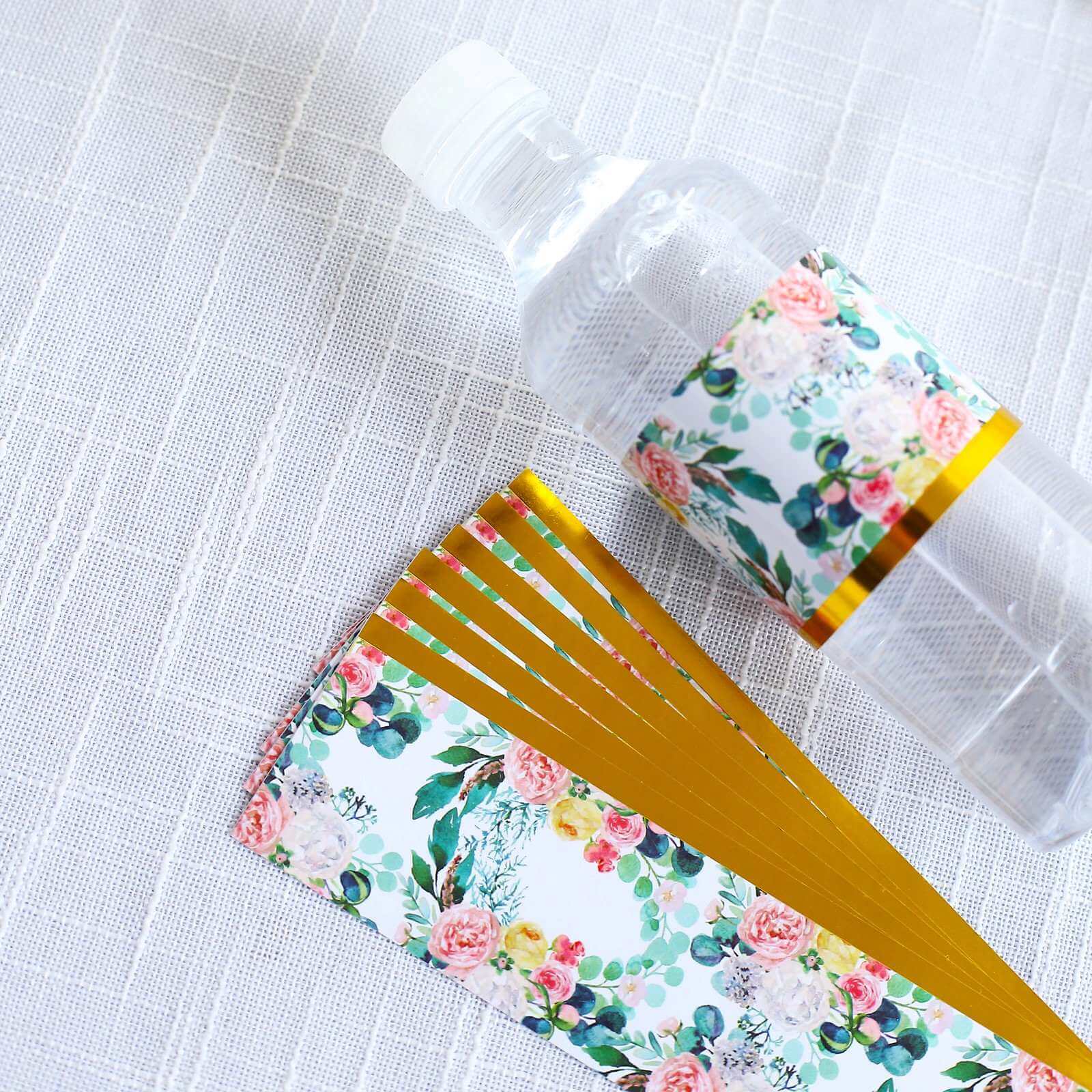 24 Pack White/Pink Water Bottle Labels with Peony Floral Design & Gold Trim, Waterproof Bottle Stickers