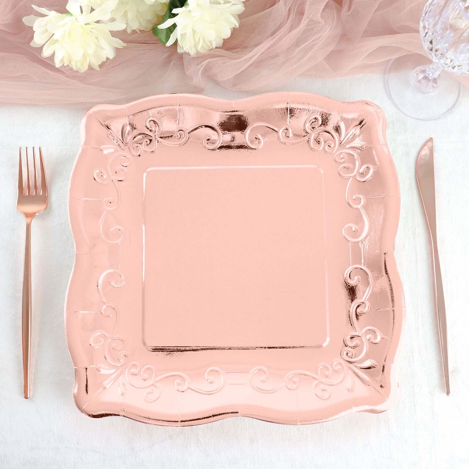 25-Pack Paper 11 Square Dinner Plates in Blush Rose Gold with Vintage Pottery Embossed Design - Shiny Metallic Disposable Serving Plates