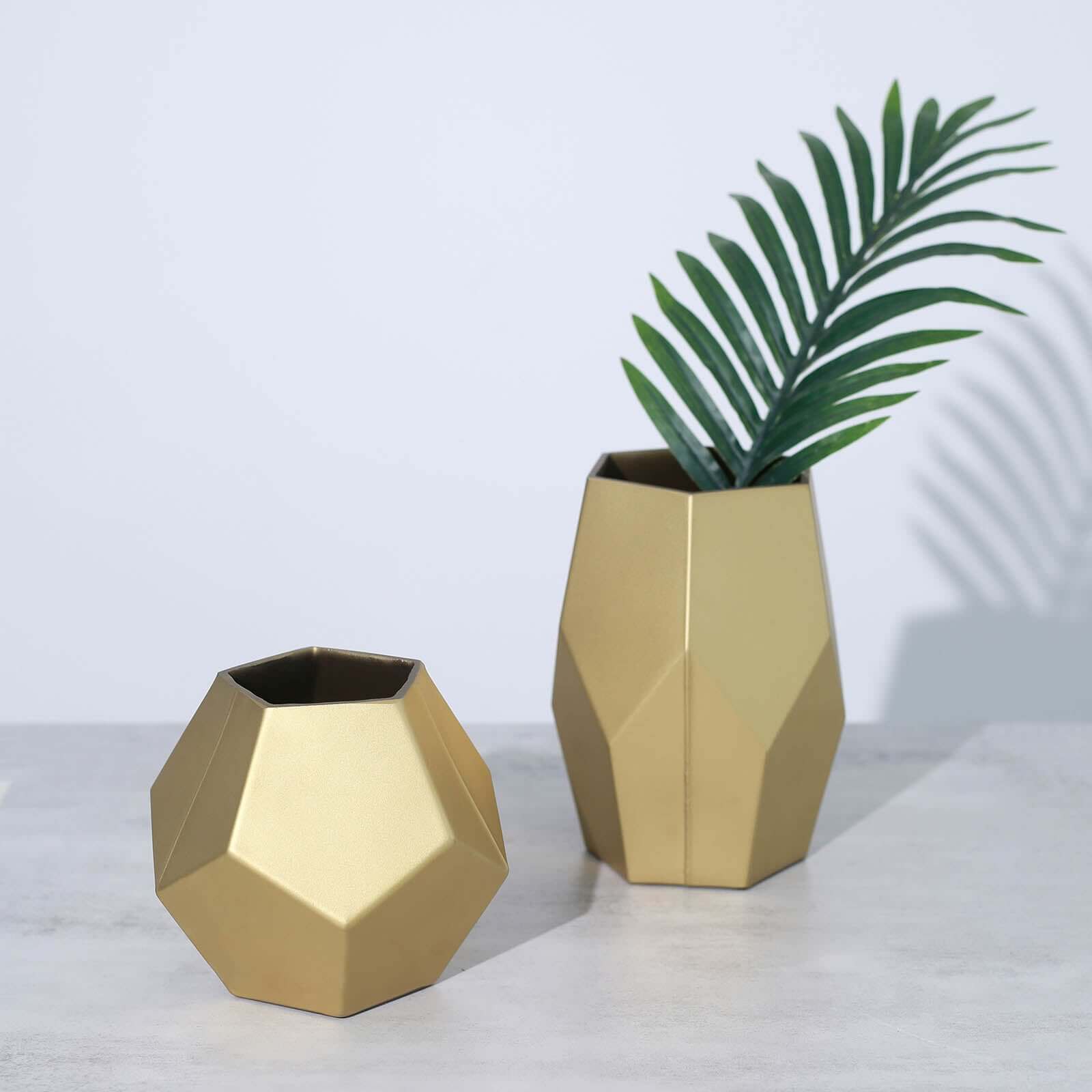 Set of 2 Glass Flower Vases Geometric Design Matte Gold - Stylish Modern Candle Holder Centerpieces 5, 8