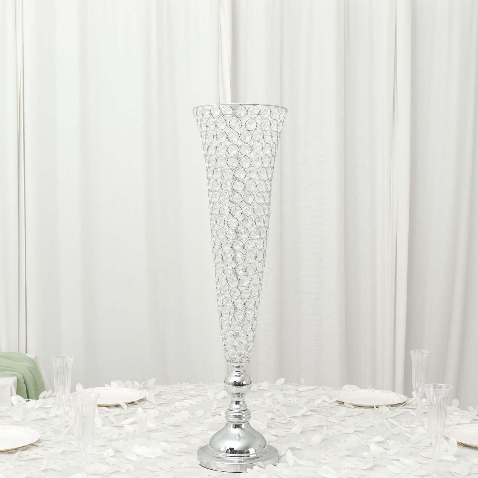 3-Pack Crystal Beaded Trumpet Vase Set Silver - Table Centerpiece for Weddings and Events 32