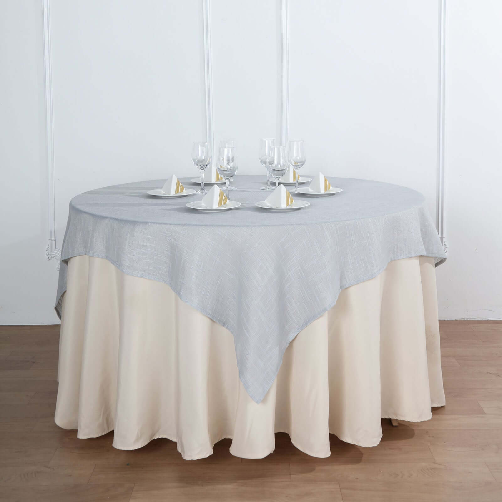 Linen 72x72 Table Overlay Square Tablecloth Silver - Slubby Textured Wrinkle-Resistant Design for Stylish Occasions