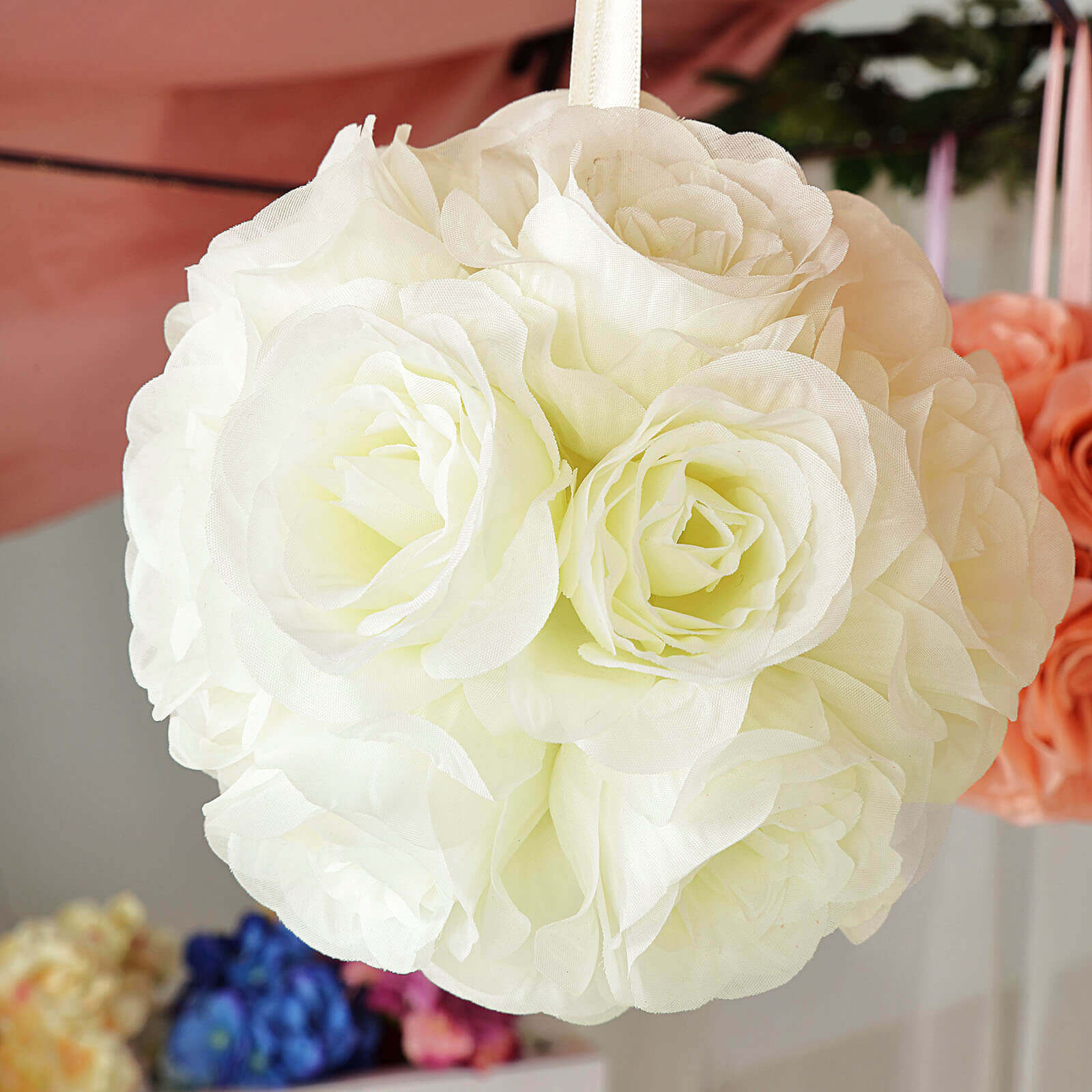 2 Pack 7 Cream Artificial Silk Rose Kissing Ball, Faux Flower Ball