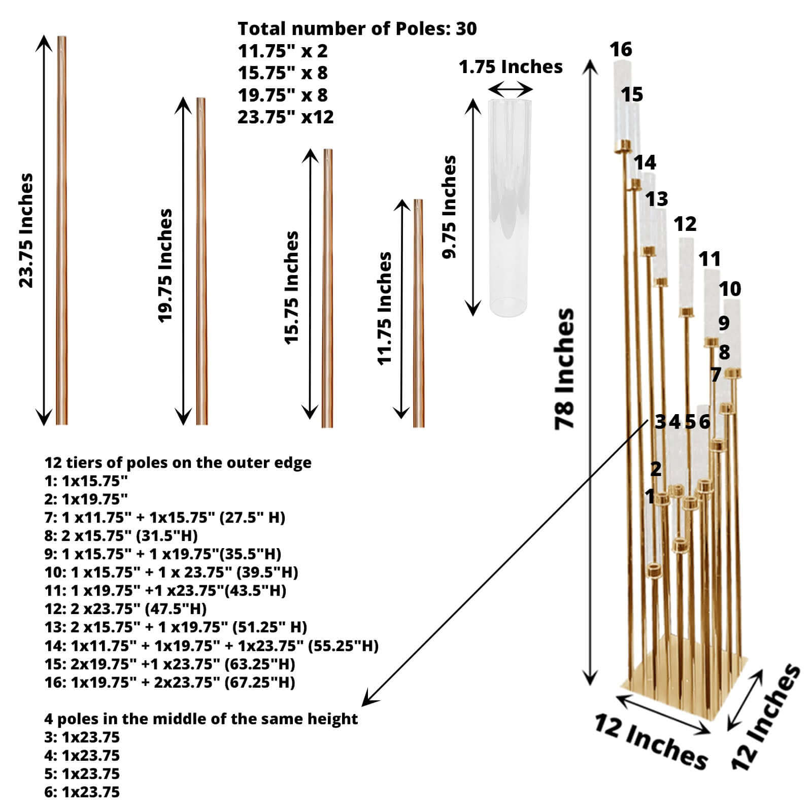 16-Arm Cluster Taper Candle Holder Gold with Clear Glass Shades - Stunning Large Candle Display for Venues 78