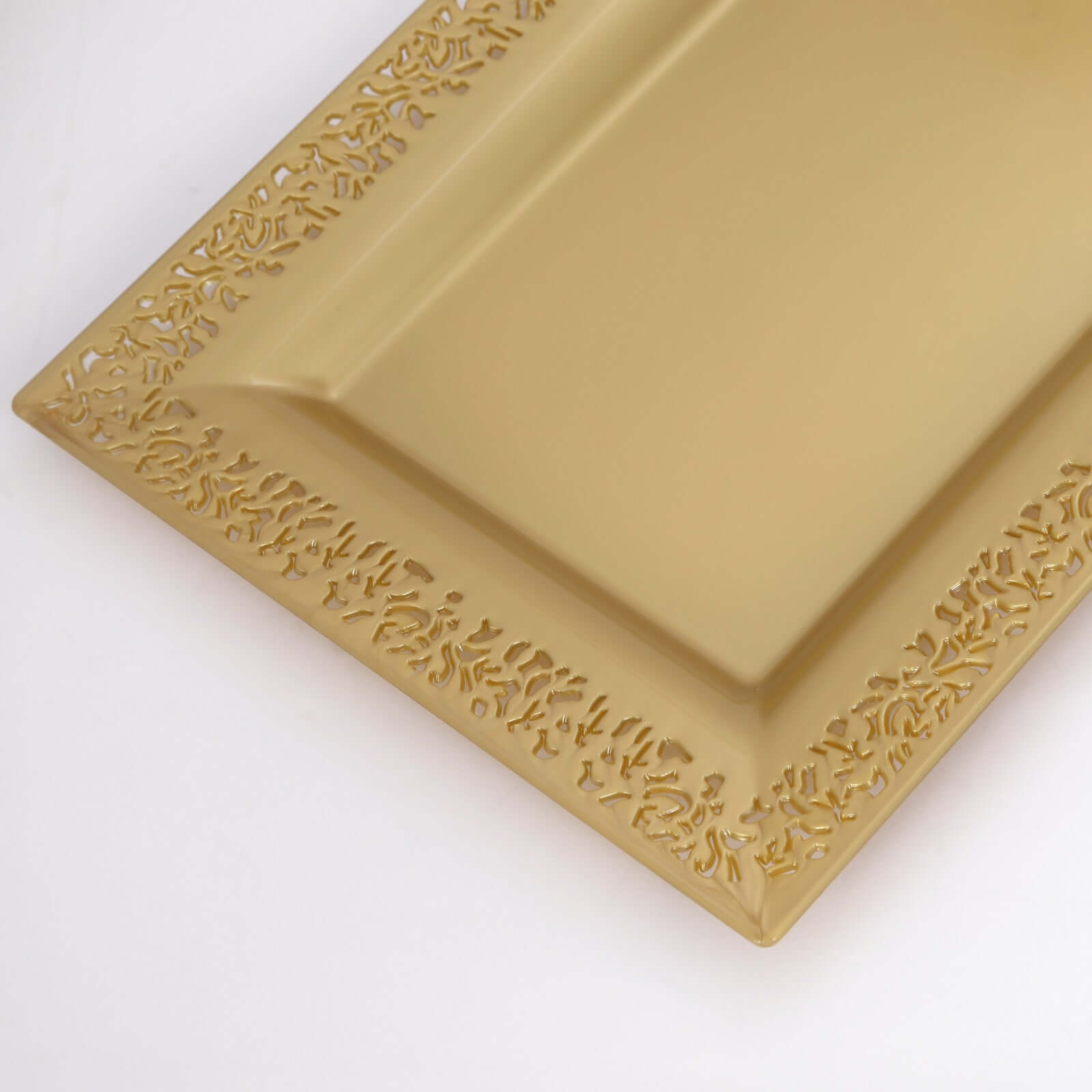 4-Pack Plastic 14 Rectangle Serving Trays Gold with Lace Rim - Chic Decorative Table Tray Platters for Buffets Banquets Dinner Parties