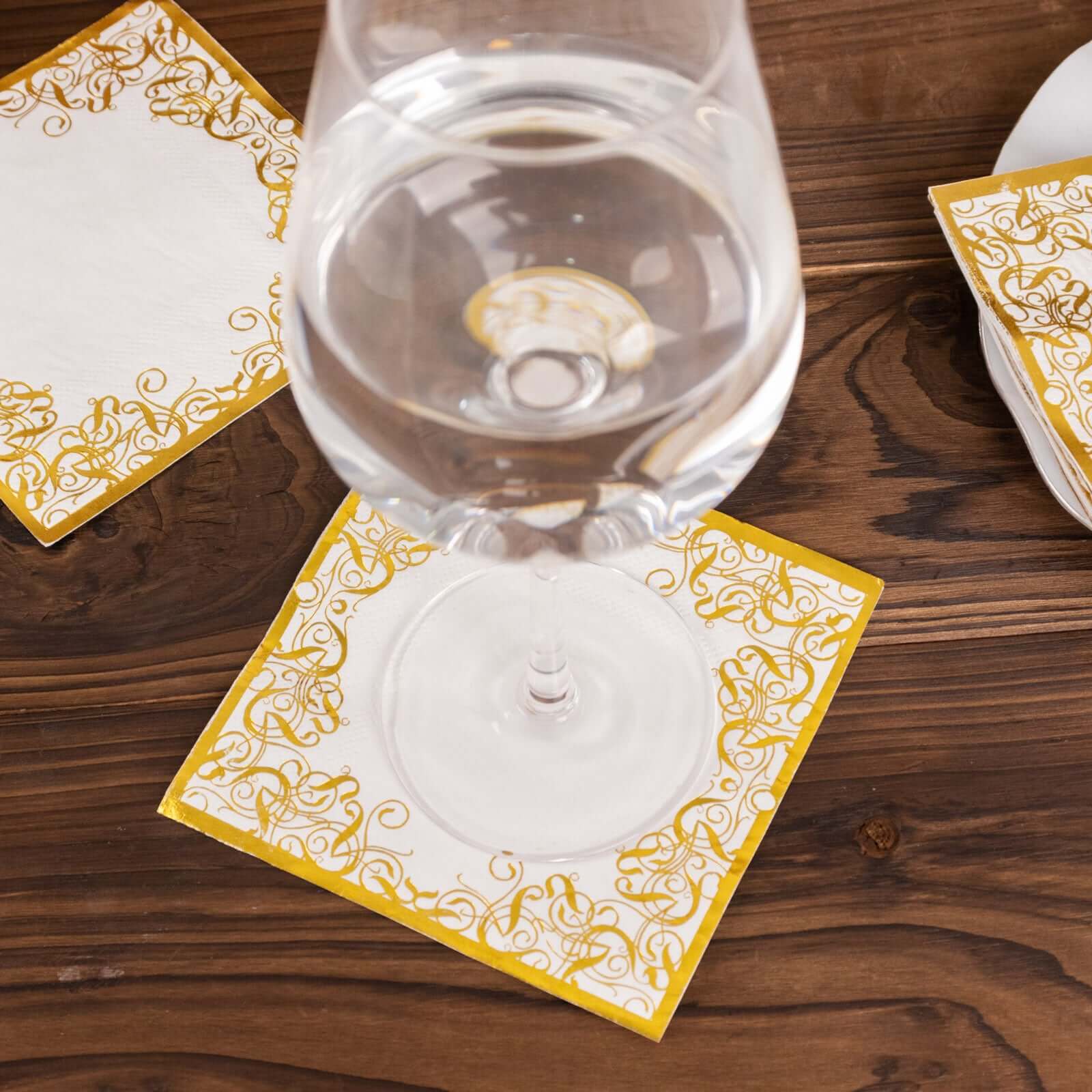 20-Pack Paper Beverage Napkins with Gold Foil Lace Design White - 3 Ply Disposable 18GSM European Style Cocktail Napkins 5x5