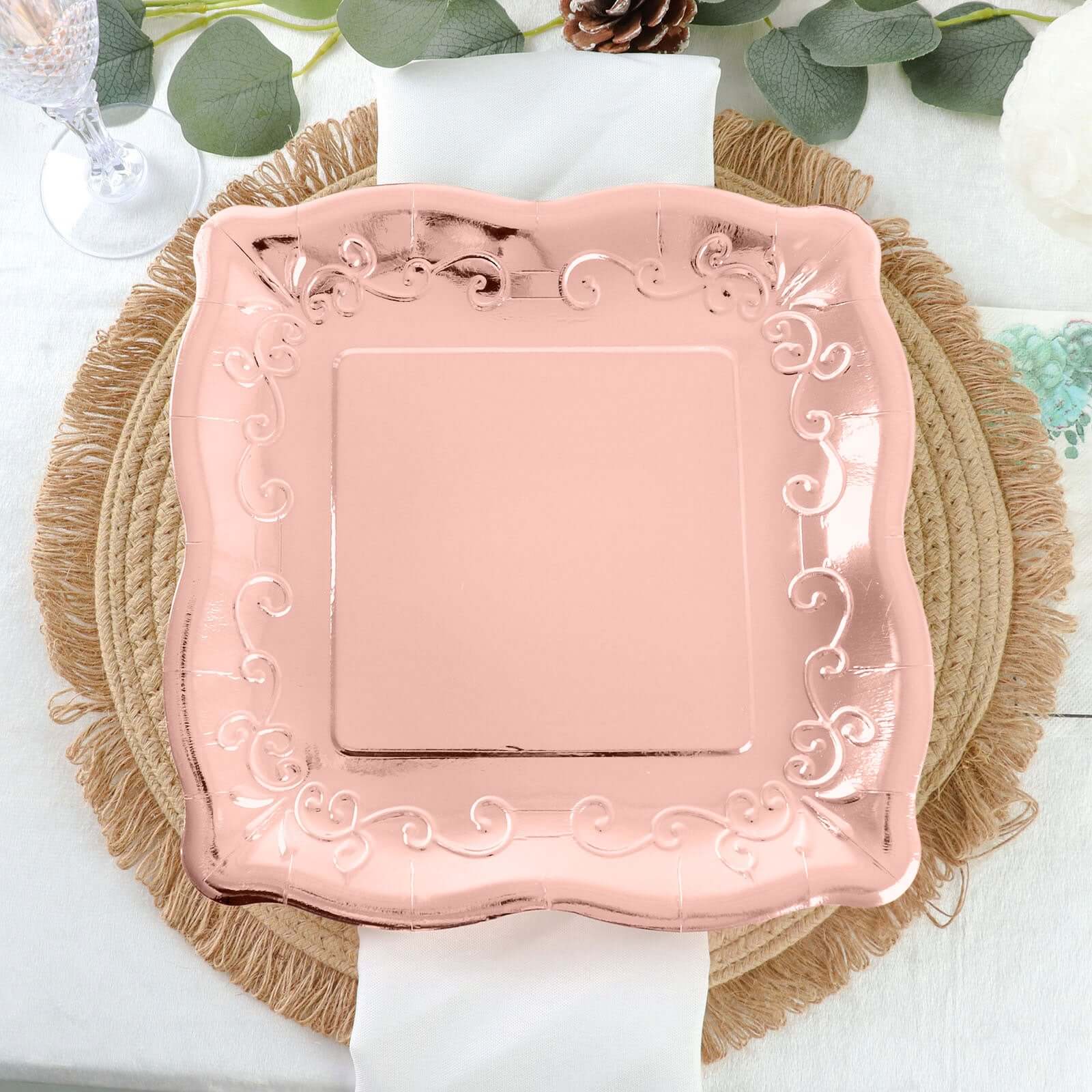 25-Pack Paper 11 Square Dinner Plates in Blush Rose Gold with Vintage Pottery Embossed Design - Shiny Metallic Disposable Serving Plates