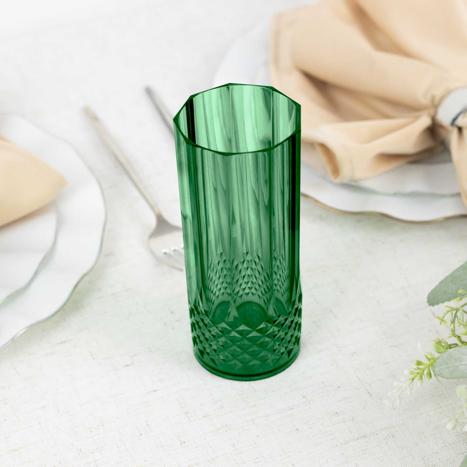 6-Pack Plastic Cocktail Tumblers Hunter Emerald Green Transparent Crystal Cut Style - Shatterproof Highball Glasses 14oz