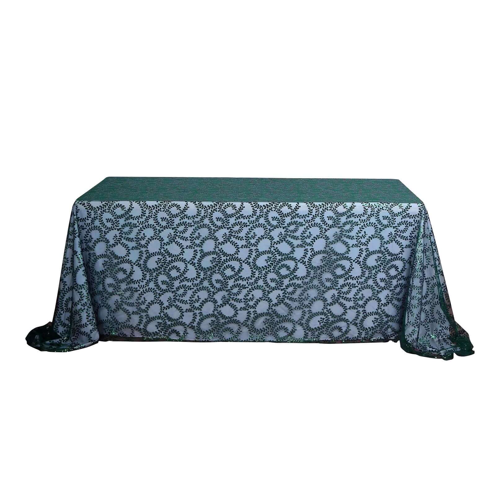 Tulle 90x156 Rectangle Tablecloth Hunter Emerald Green - Sequin Leaf Embroidered Table Cover