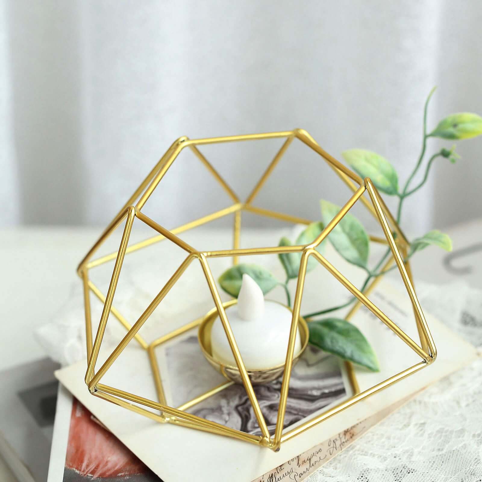 Set of 2 Candle Holders Metal Hexagon Geometric Design Gold - Modern Decorative Centerpieces for Tables 4x3