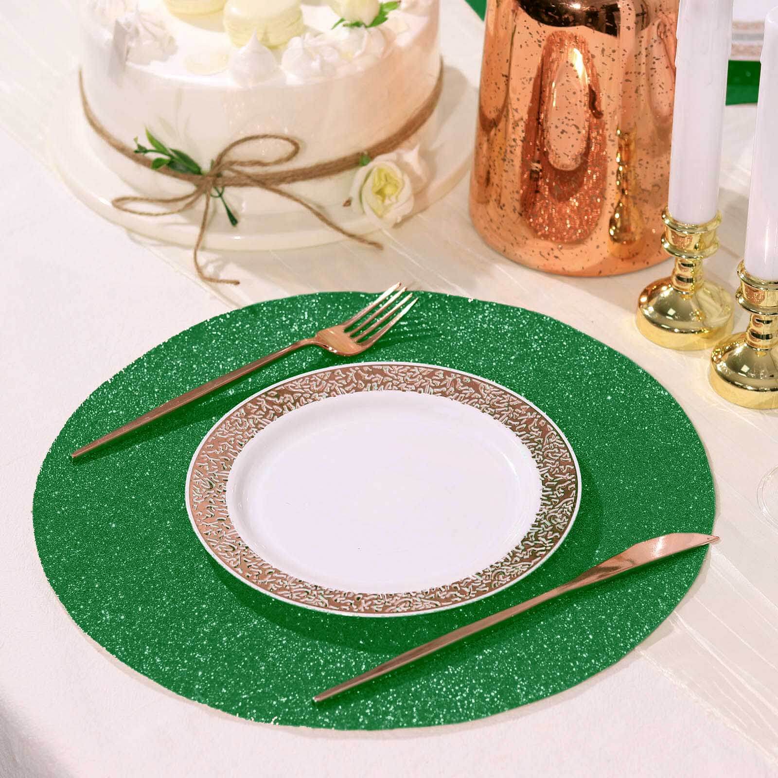 6-Pack Placemats Glitter Design Green Sparkle Round - Non-Slip Decorative Dining Table Mats 13