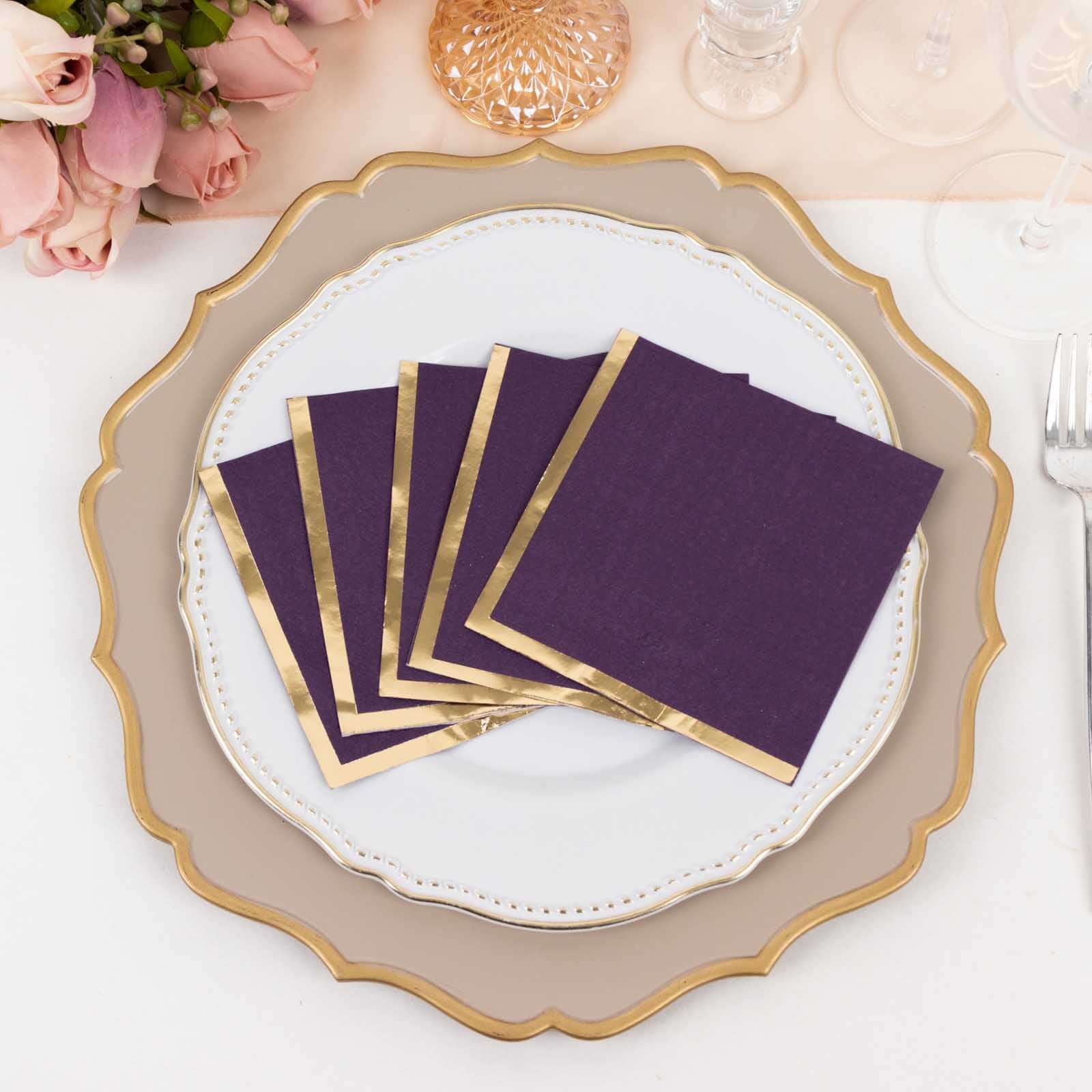 50-Pack Paper Beverage Napkins Purple with Gold Foil Edge - 2 Ply Disposable Soft 18GSM Cocktail Napkins 5x5