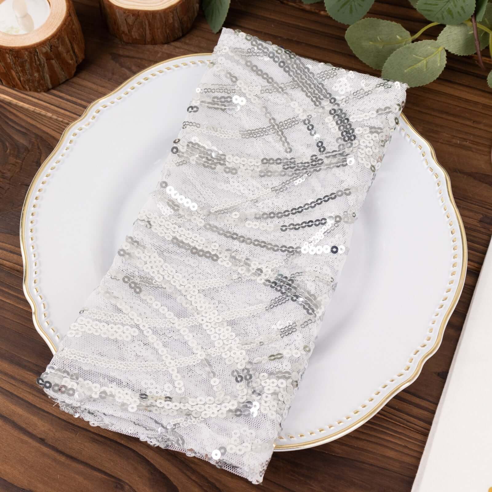 Sequin Mesh 20x20 Napkin SIlver - Wave Embroidered Reusable Napkin