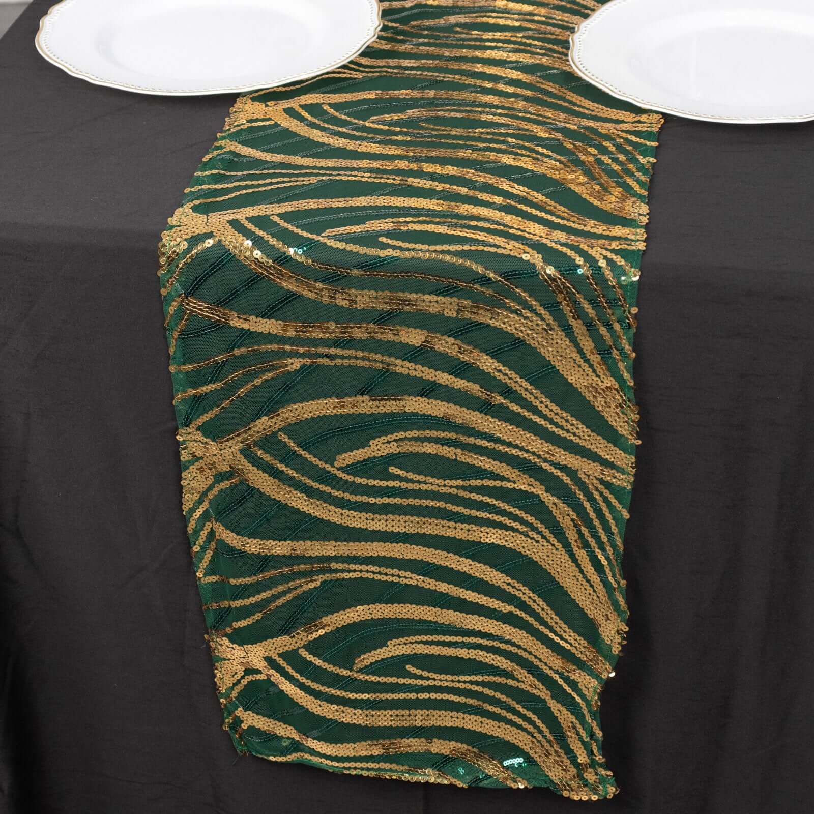 Sequin Mesh 12x108 Table Runner Hunter Emerald Green Stylish Wave Embroidery