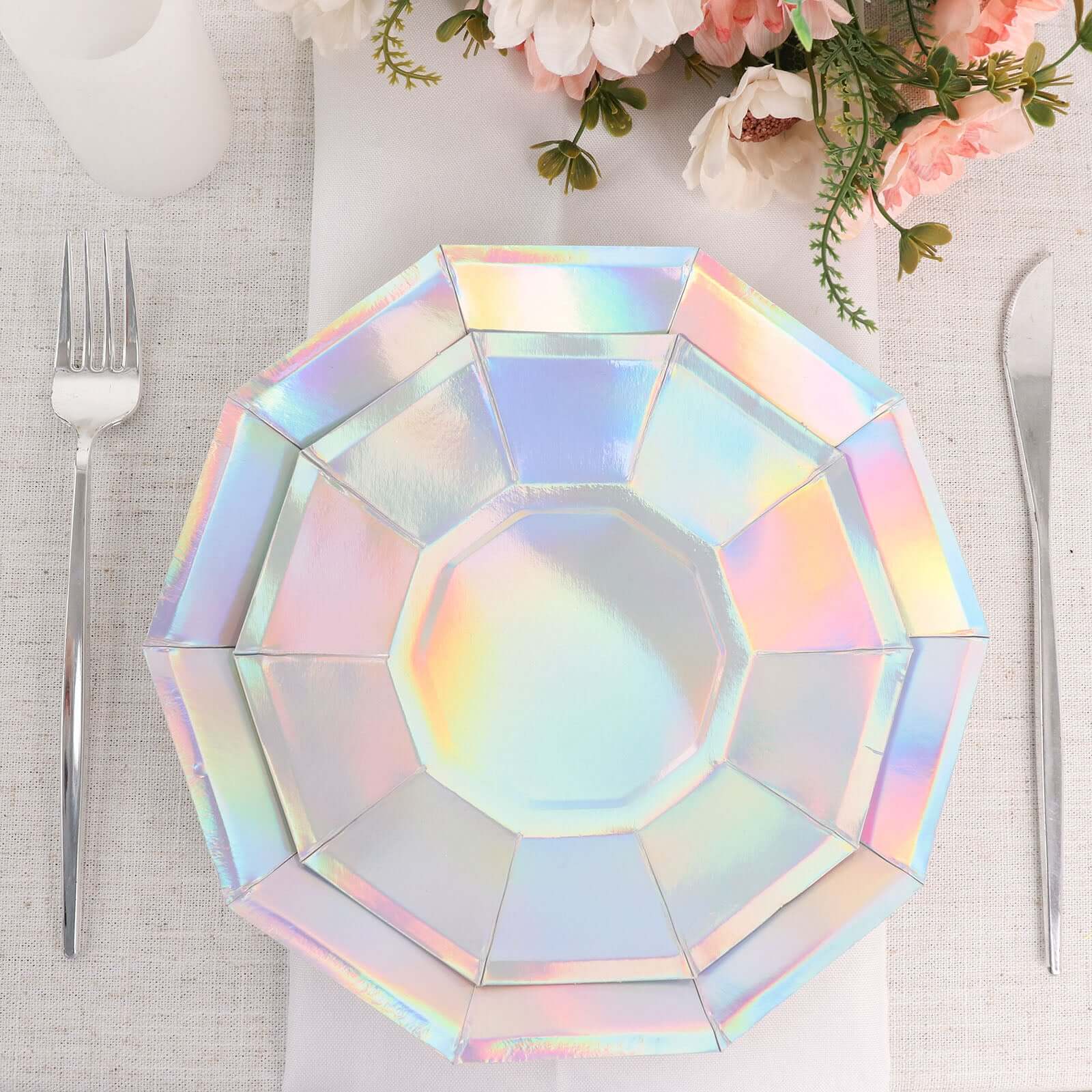 25-Pack Paper 9 Decagon Dinner Plates in Iridescent - Disposable Geometric Party Plates for Disco & Space Themed Events