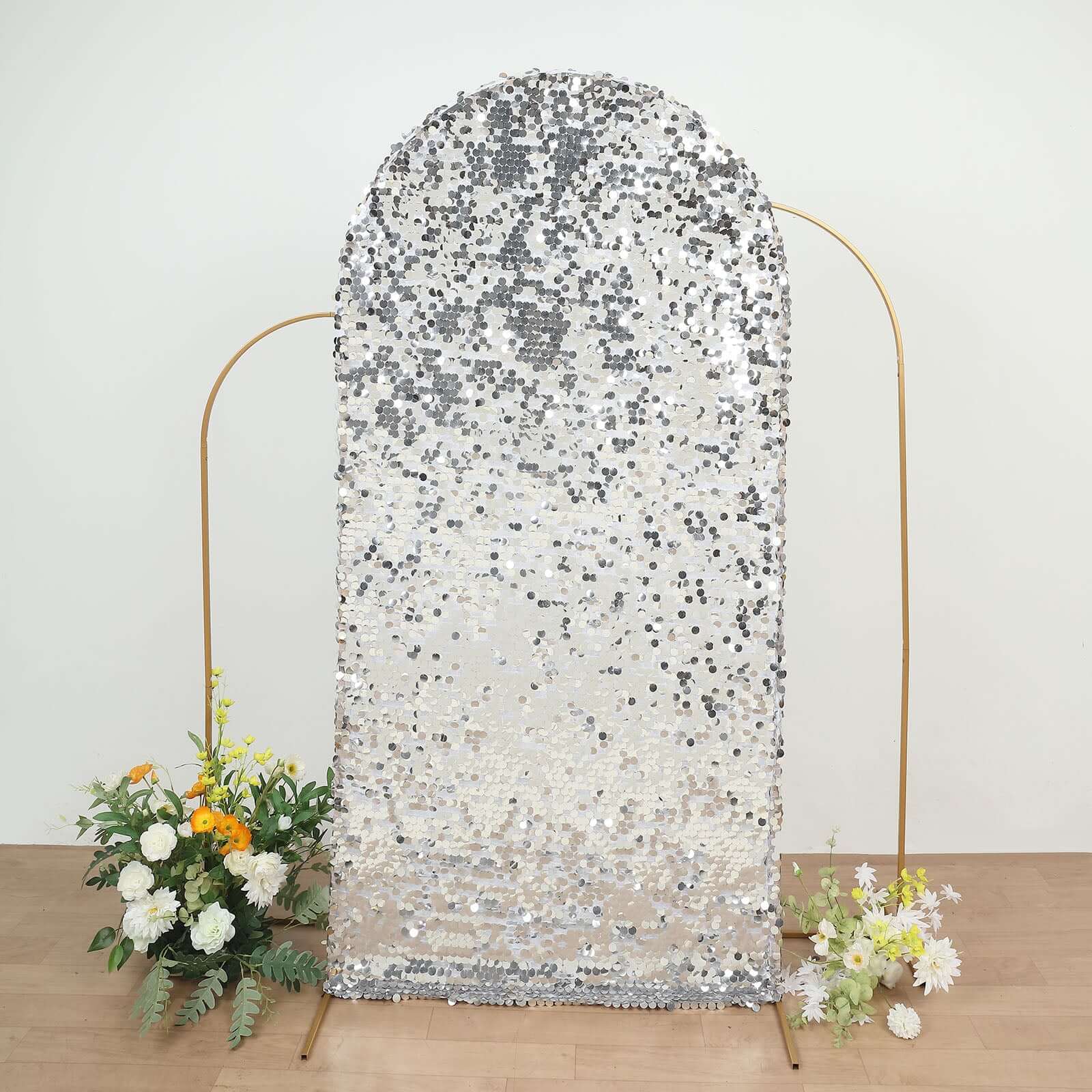 7ft Sparkly Silver Double Sided Big Payette Sequin Chiara Backdrop Stand Cover For Fitted Round Top Wedding Arch