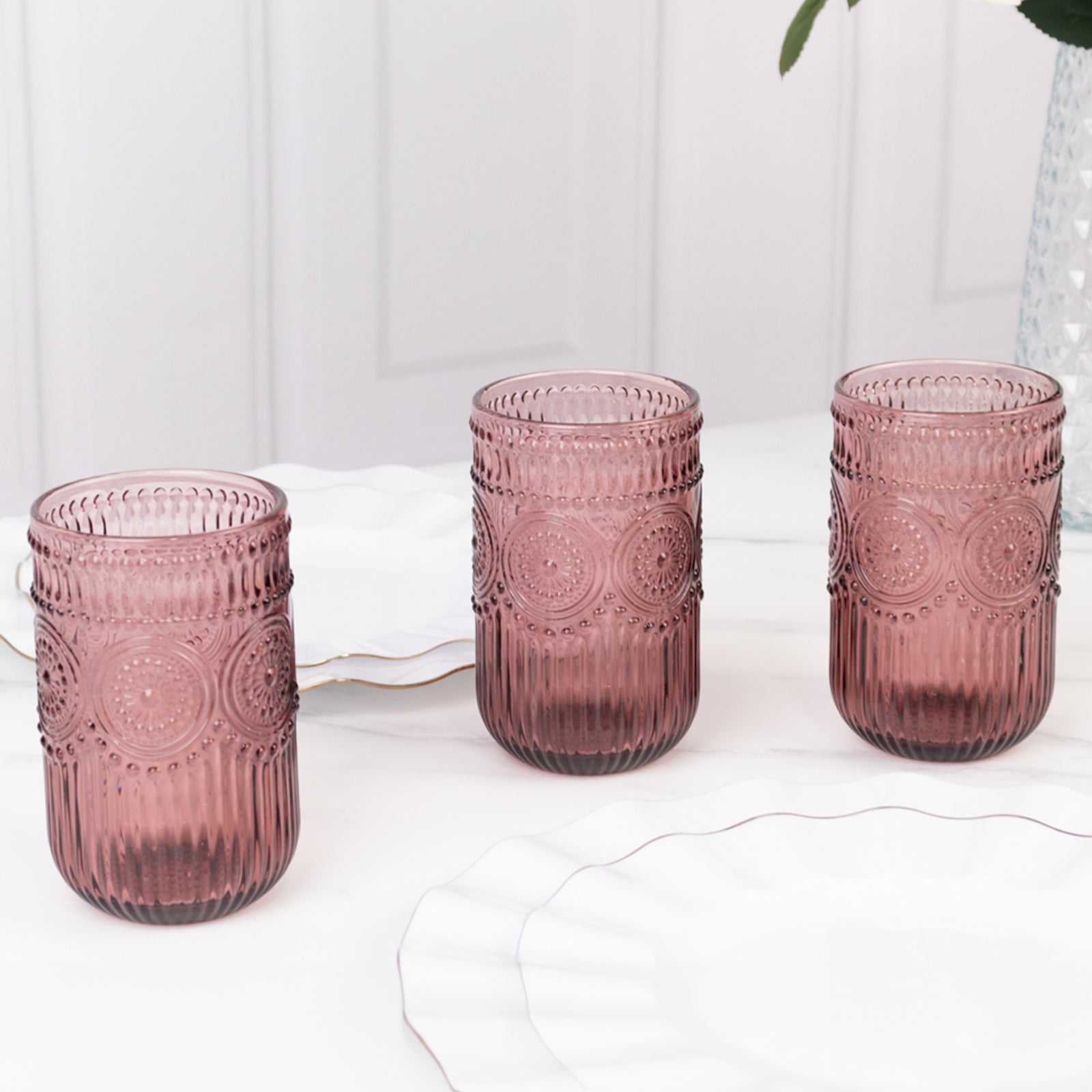 6-Pack Glass Tumblers Dusty Rose Vintage Embossed Design with Textured Floral Pattern - Highball Glasses for Drinks & Parties 14oz