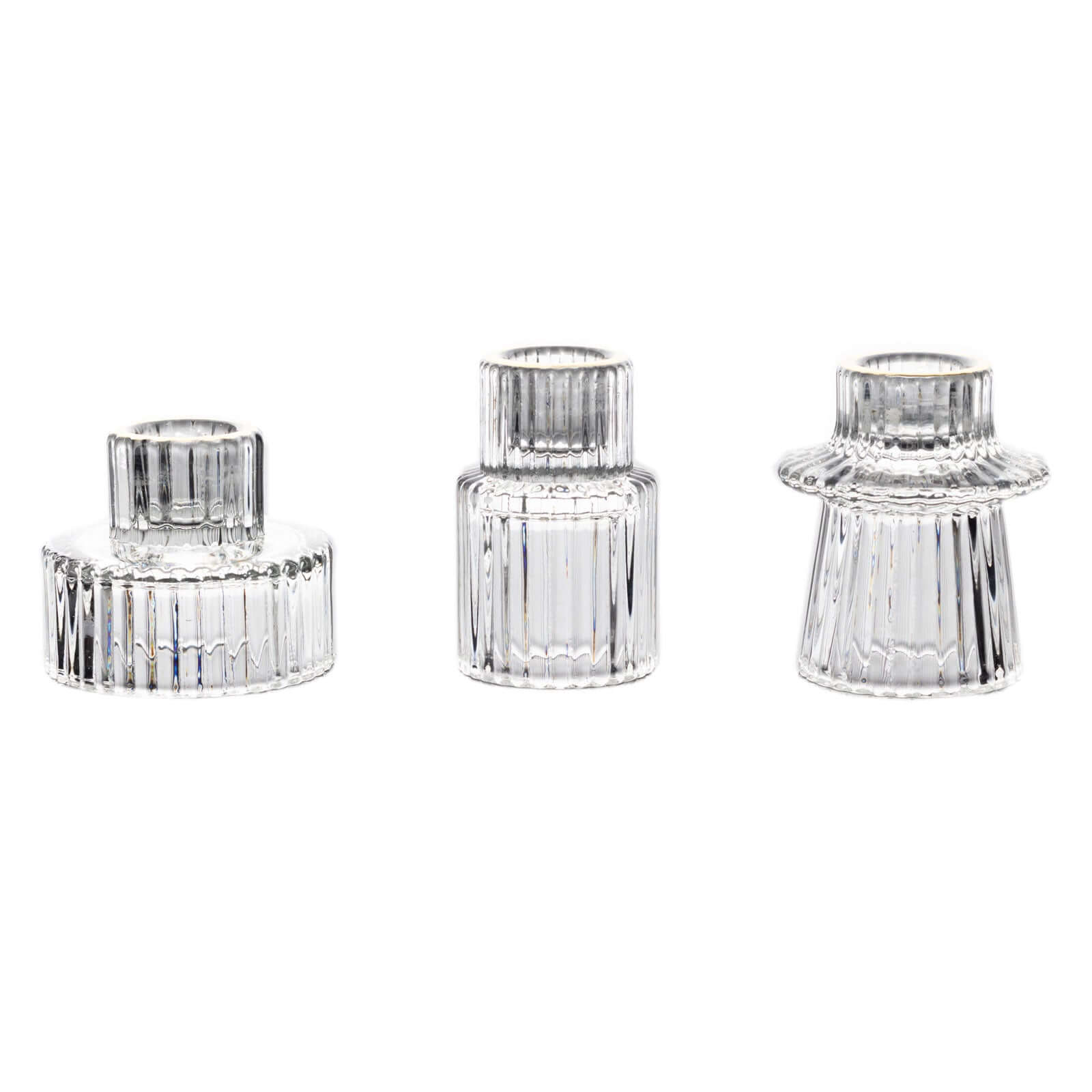 Set of 6 Glass Taper Candle Holders Ribbed Crystal Design with Gold Rim Clear - Reversible Mini Votive Tealight Stands 3