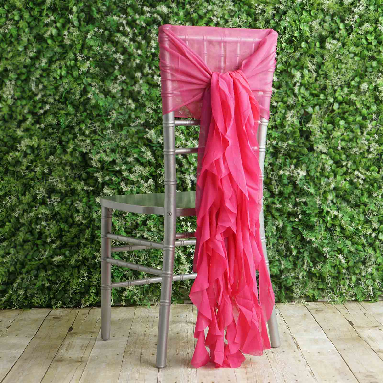 1 Set Chiffon Hoods Chair Sashes with Willow Ruffles Design Fuchsia - Stylish Chair Bow Decor