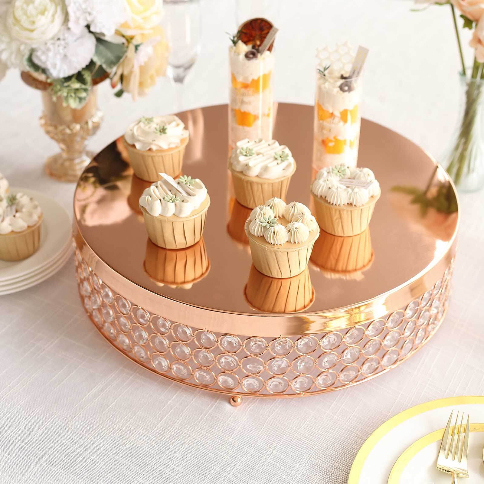 Metal Cake Stand Pedestal Crystal Beaded Design Rose Gold - Cupcake Display and Dessert Riser 16