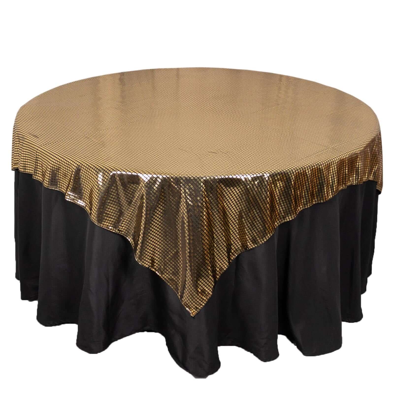 Polyester 72x72 Table Overlay Square Tablecloth Black - Gold Foil Disco Mirror Ball Design for Stylish Celebrations