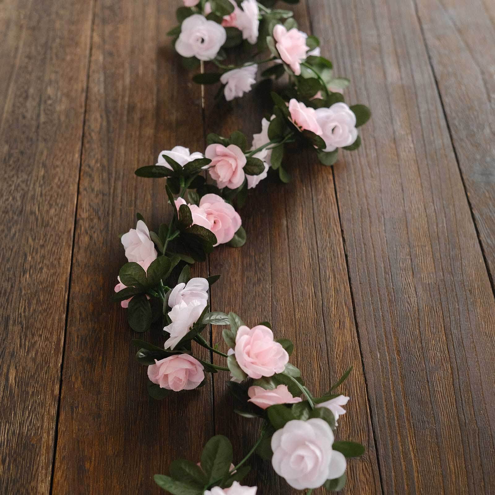 2 Pack 8ft Blush Dusty Rose Artificial Silk Flower Garland Mini Rose Vines with 45 Flower Heads