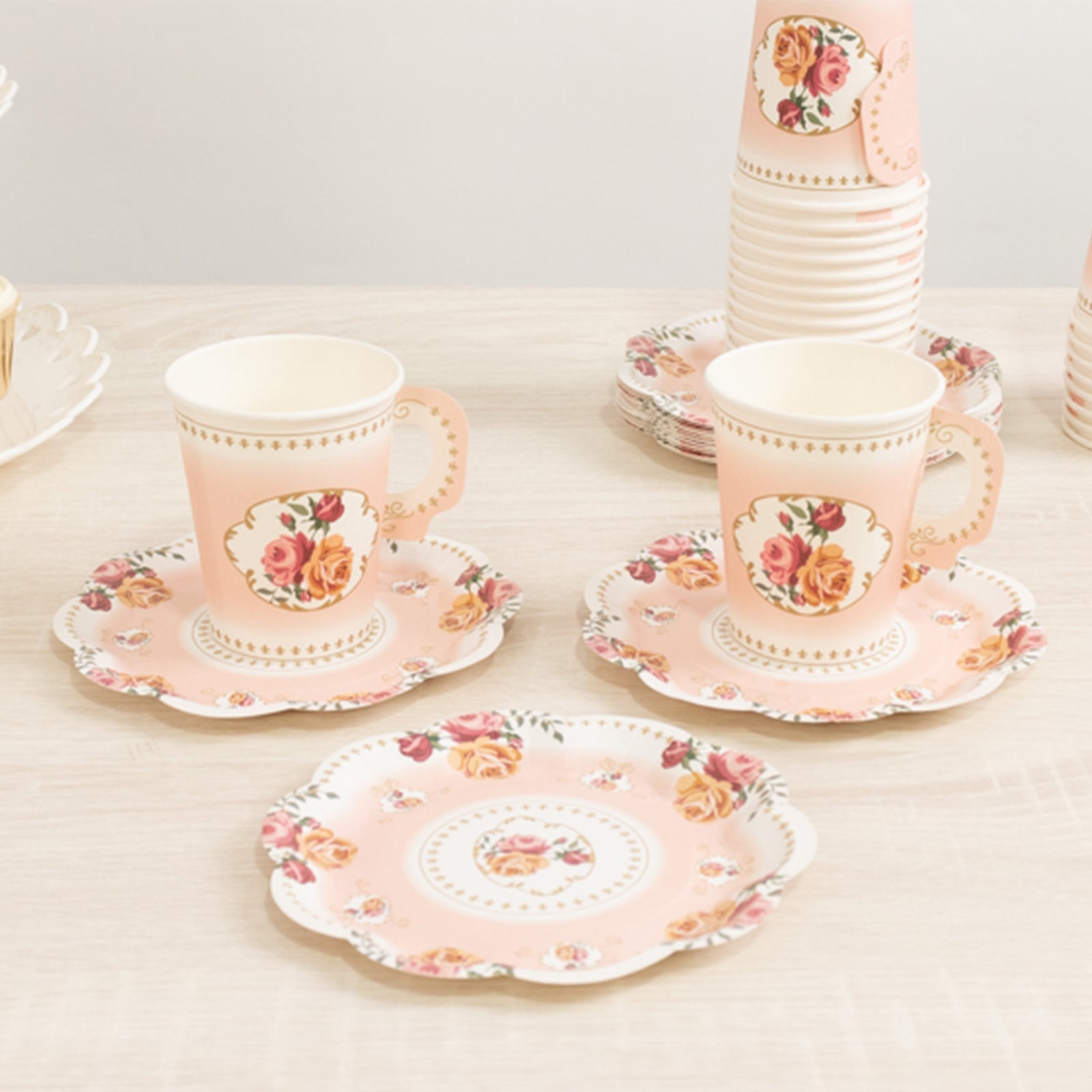 Set of 25 Paper Cups and Saucers in Dusty Rose with Rose Floral Print - Vintage Inspired Disposable Tea Party Decorations